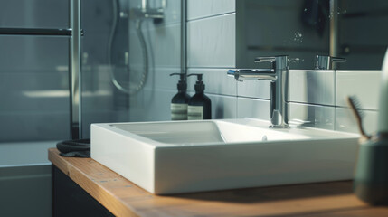 Fototapeta premium Modern bathroom with sleek fittings, reflecting a refined, minimalist aesthetic.