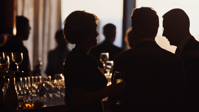 Silhouetted figures mingle in an elegant, backlit social event setting.