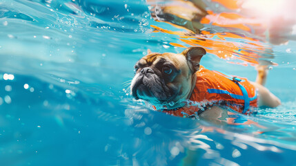 Brave pug dog swimming in blue water with a life vest, showcasing determination and fun. - obrazy, fototapety, plakaty