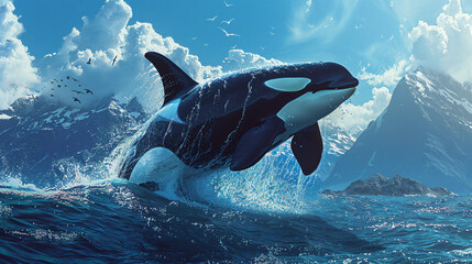 Majestic orca breaching in the deep blue waters