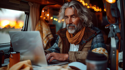 Working from his camper van. Digital nomad concept.A man is sitting in a van and using a laptop. He is wearing a scarf and he is focused on his work.