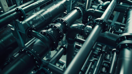 Complex network of industrial steel pipes in a cool blue tone.