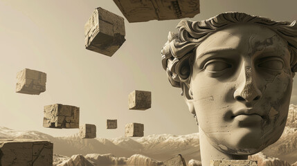 Surreal desert scene with a classical bust and floating stones.
