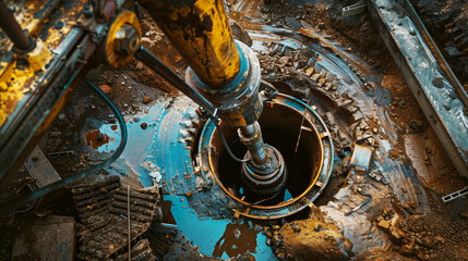 Overhead view of a construction site with a drilling machine working on a deep, muddy hole surrounded by debris.