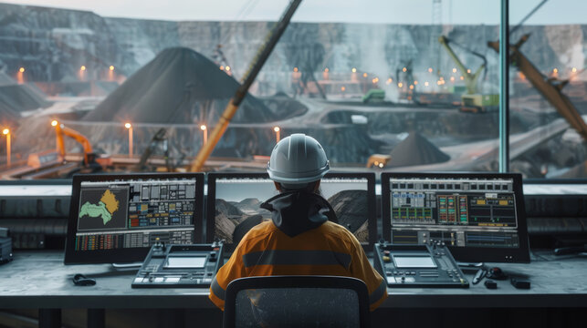 Industrial overseer controlling mine operations from a high-tech control room.
