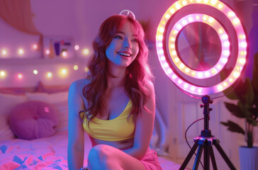 Obraz premium A beautiful redhead teenage girl in pink shorts and yellow top is using ring light for live streaming on her Instagram, in the background there's an aesthetic bedroom with neon lights