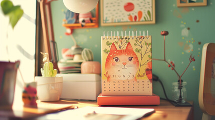 A charming desk calendar with cute illustrations and a cheerful demeanor, brightening up your workspace with whimsical charm.