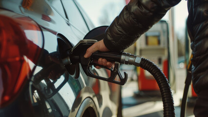 Person fueling up their car with gasoline on a sunny day. - obrazy, fototapety, plakaty