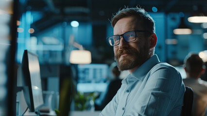 Professional smiling in an office environment during the night.