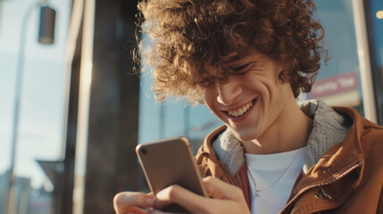Joyful young man laughing while looking at his smartphone outdoors.