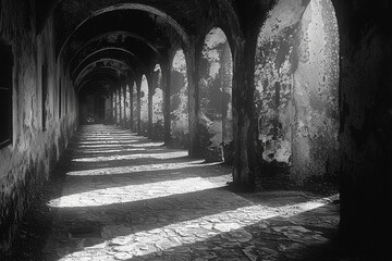 Fototapeta premium A bygone era whispers through this vintage photograph of a weathered Romanesque structure, its grandeur echoing in the ruins.