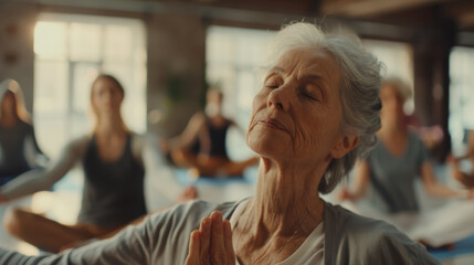 Serene elderly woman meditating in a sunlit yoga class, embodying peace and mindfulness.
