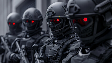 A squadron of futuristic soldiers with glowing red eyes, poised and menacing in tactical gear.