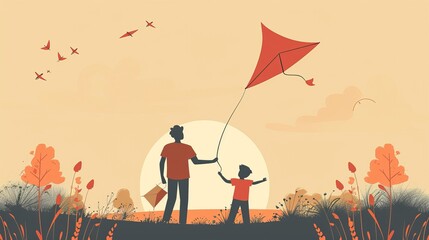 Father's Day Card with Dad and Son Flying Kite, Cute Flat Style Vector Illustration