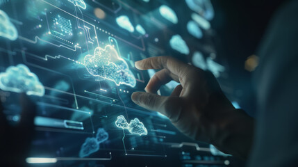 Fototapeta premium Hand interacts with a futuristic holographic display, illustrating cloud computing concepts.