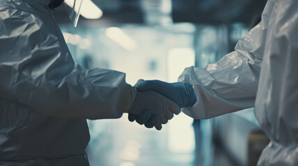 Two professionals in protective gear sealing a partnership with a handshake in a sterile environment.