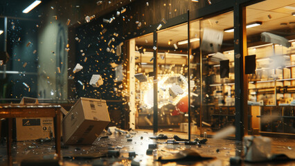 Suspended animation of an explosion wreaking havoc in a cluttered office space.