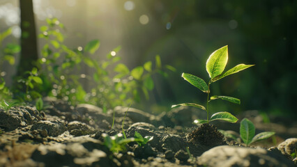 Young plant sprouting from soil in sunlight, symbolizing growth and new beginnings.