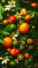 Vibrant tropical fruits and flowers arrangement with lush green leaves, featuring oranges, kiwis, and plumerias.