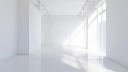 Obraz premium Pristine white gallery space bathed in soft natural light.