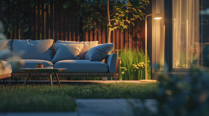 Fototapeta premium Cozy evening ambiance on a porch with stylish outdoor furniture.