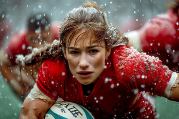 Female Rugby Player, Game in the Rain, Effort and Determination Being Pursued by the Opposing Team, Equality in Sports on Women's Day