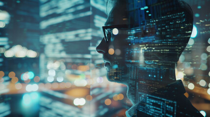 A man's silhouetted profile layered with a futuristic cityscape represents digital innovation.