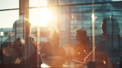 Business meeting silhouette against the backdrop of a setting sun.