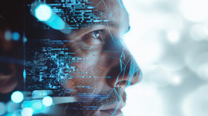 Close-up of a person's profile overlaid with digital data streams, signifying advanced technology.
