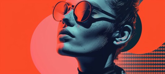 A modern, stylized portrait of a woman wearing sunglasses against a vibrant orange background. The interplay of shadows and highlights creates an artistic effect.