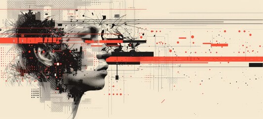 A mixed media poster featuring a person, depicted with fragmented lines and dots in black, red, and beige tones on a light background.