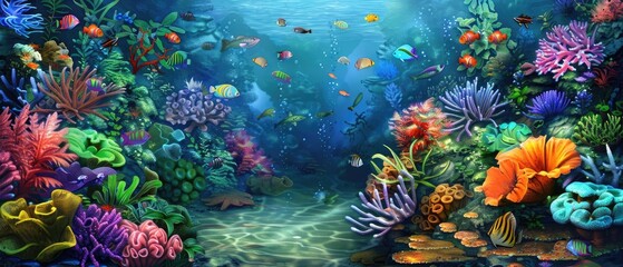 Underwater scene with colorful coral reef and tropical fish