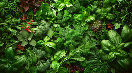 An overhead view of various fresh herbs and green vegetables artistically arranged. - Powered by Adobe