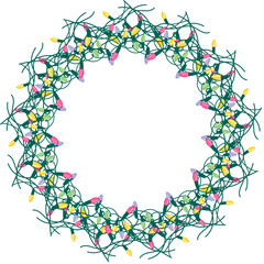 Christmas lights wreath illustration on transparent background.
