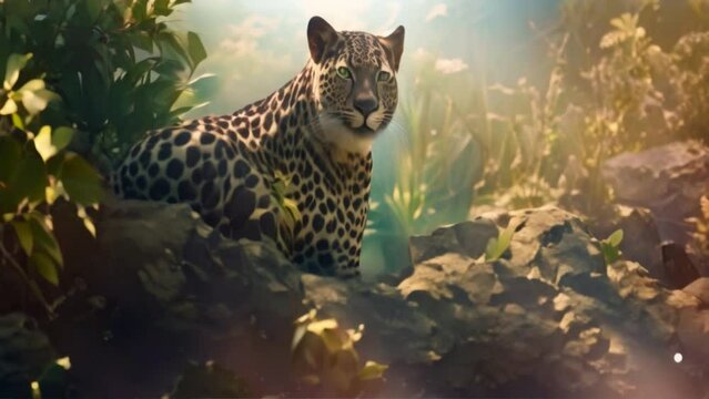 Persian leopard, forest in background