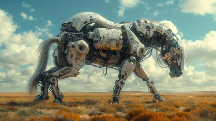 A mechanical horse, leading a charge against enemy forces in a hightech battlefield,  Vintage Nostalgic, oldfashioned appearance - obrazy, fototapety, plakaty