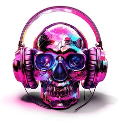 Colorful graffiti illustration of a cute skull wearing headphones vibrant color great detail
