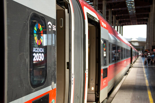 Iryo high-speed train at the Atocha station in Madrid waiting for passengers to board before leaving for Barcelona