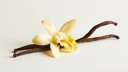 Elegant orchid flower and vanilla pods on a plain white background, with soft lighting.