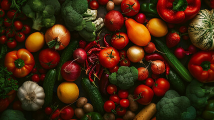 A vibrant assortment of fresh vegetables including tomatoes, peppers, and onions.