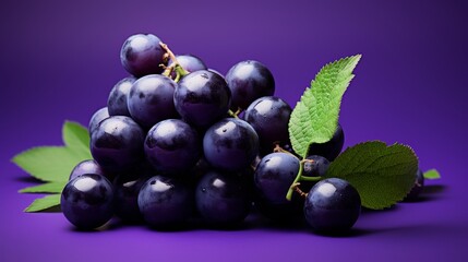 Fototapeta premium A vibrant bunch of grapes adorned with a leaf on a rich purple background