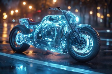 Futuristic motorcycle with automotive lighting parked on road at night