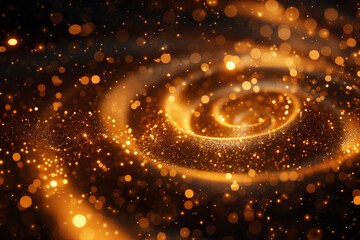 Obraz premium Abstract luxury swirling gold background with gold particle. Christmas Golden light shine particles bokeh on dark background. Gold foil texture. Holiday concept, 3D illustration