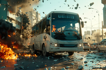Explosion on the street: burning bus
