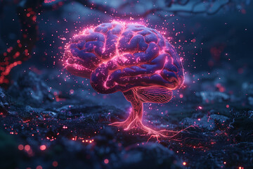 Illustration of model of human brain tree with glowing impulses and electric lines, 3D illustration