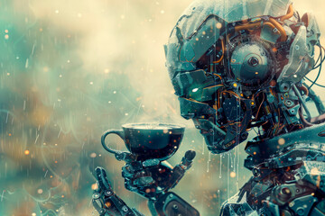 A humanoid android robot drinks . The concept of the future