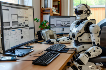 A humanoid android robot is working in the office. The concept of the future