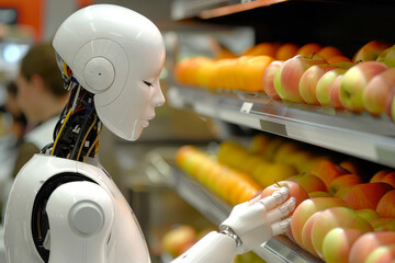 A humanoid android robot selects fruits in the store. The concept of the future