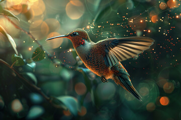 Obraz premium Harmonious data flow concept with digital humming bird flying, 3D illustration