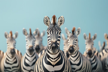 Fototapeta premium Standing out from the crowd concept with zebra in heard of horses